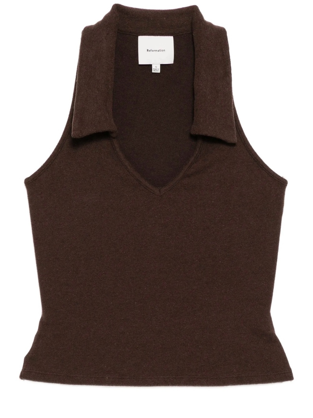 Reformation Dark Brown Sleeveless V-Neck Collared Knit Top